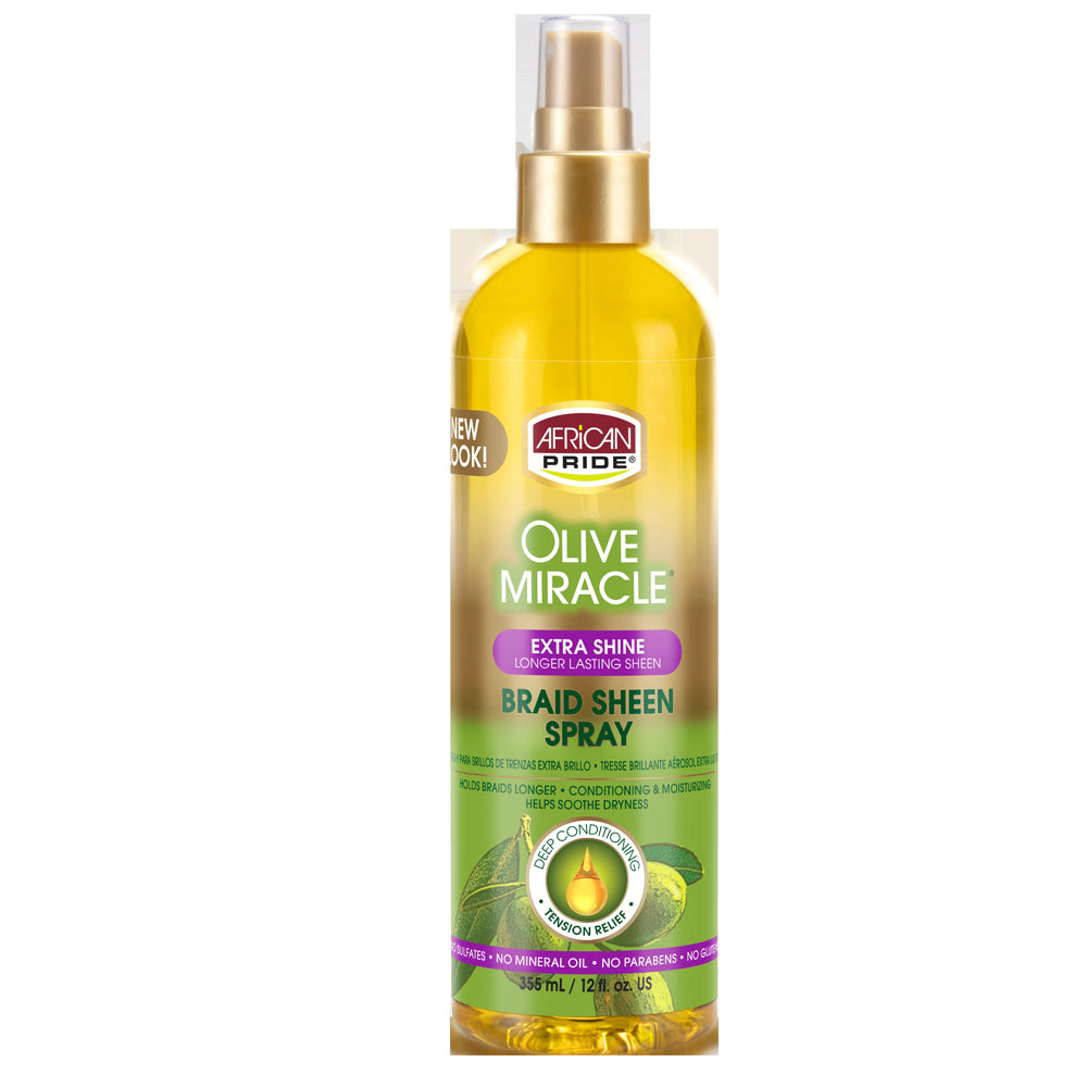 African Pride Olive Miracle Braid Sheen Spray - For Wavy, Curly, Coily, Relaxed, Locs & Protective Styles. Soothes Braid Tightness. Contains Olive & Tea Tree Oil, 12 Oz.