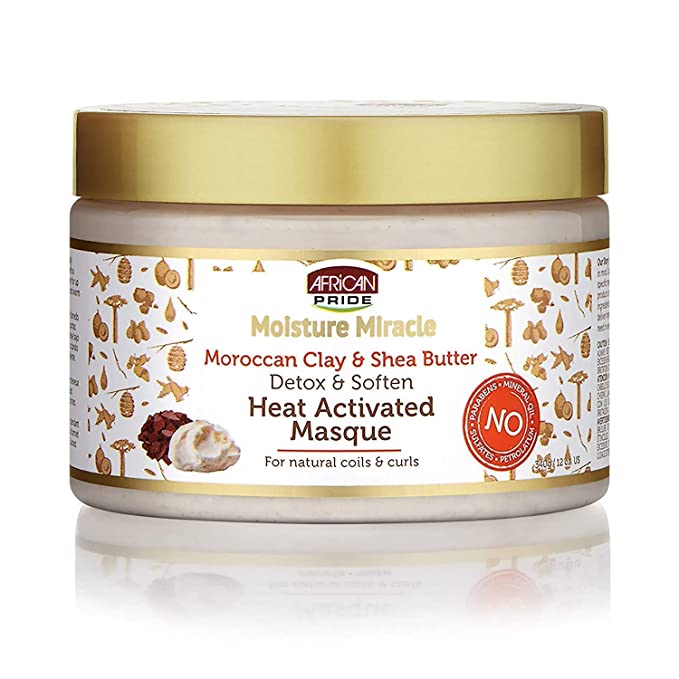 African Pride Moisture Miracle Moroccan Clay & Shea Butter Detoxes & Softens Heat Activated Masque 12 oz.