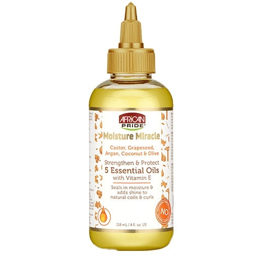African Pride Moisture Miracle Castor, Grapeseed, Argan, Coconut & Olive Strengthen & Protect 5 Essential Oils 4 oz